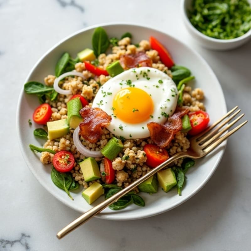 Egg White Veggie Scramble with Cottage Cheese and Turkey Bacon