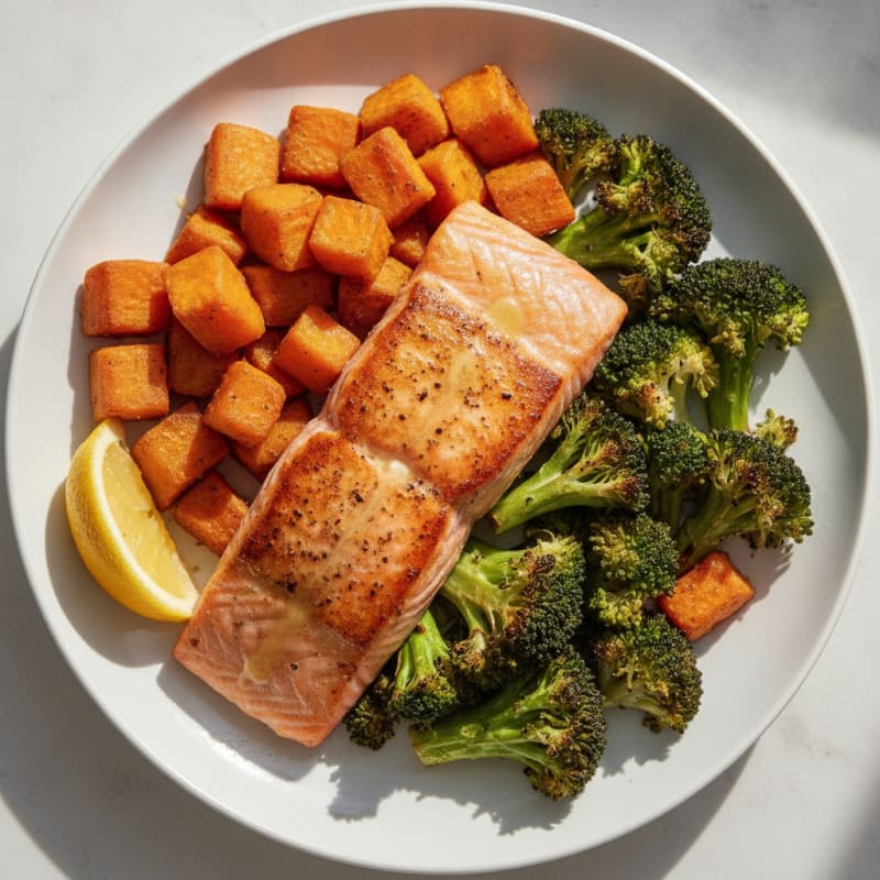 Seared Salmon with Roasted Broccoli and Sweet Potato