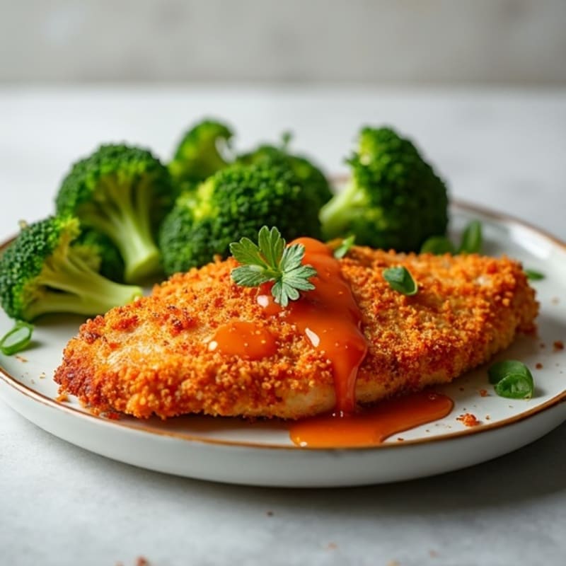 Crispy Baked Chicken with Sticky Sweet and Spicy Sauce and Steamed Broccoli