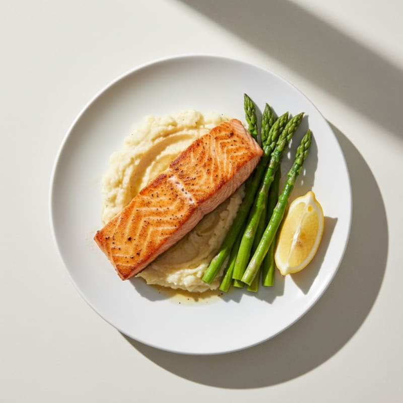 Seared Salmon with Steamed Asparagus and Cauliflower Mash