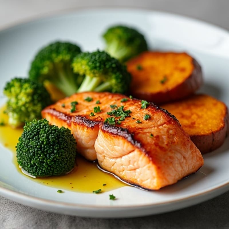 Seared Salmon with Steamed Broccoli and Roasted Sweet Potato