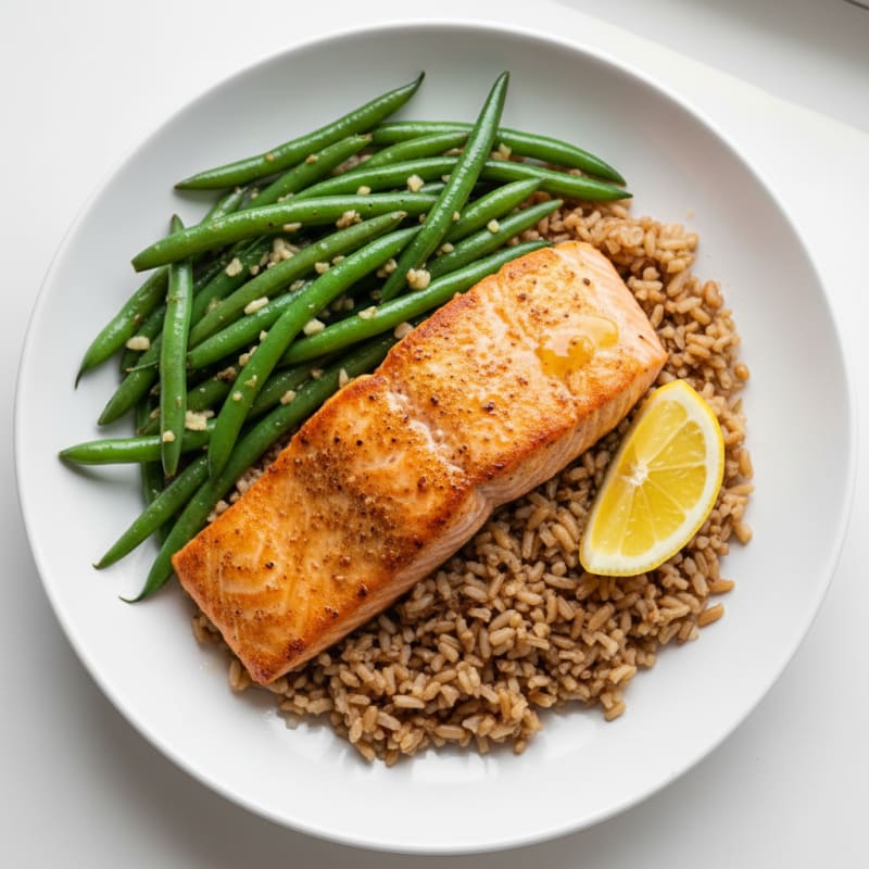 Seared Salmon with Garlic Green Beans and Brown Rice