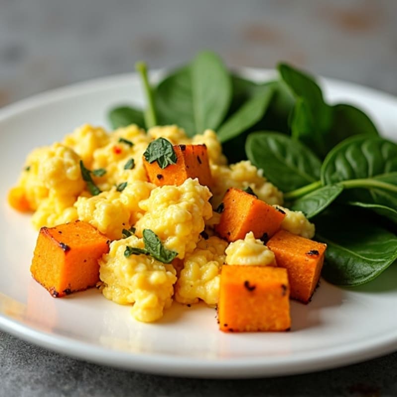 Fluffy Egg Scramble with Roasted Sweet Potato and Fresh Spinach
