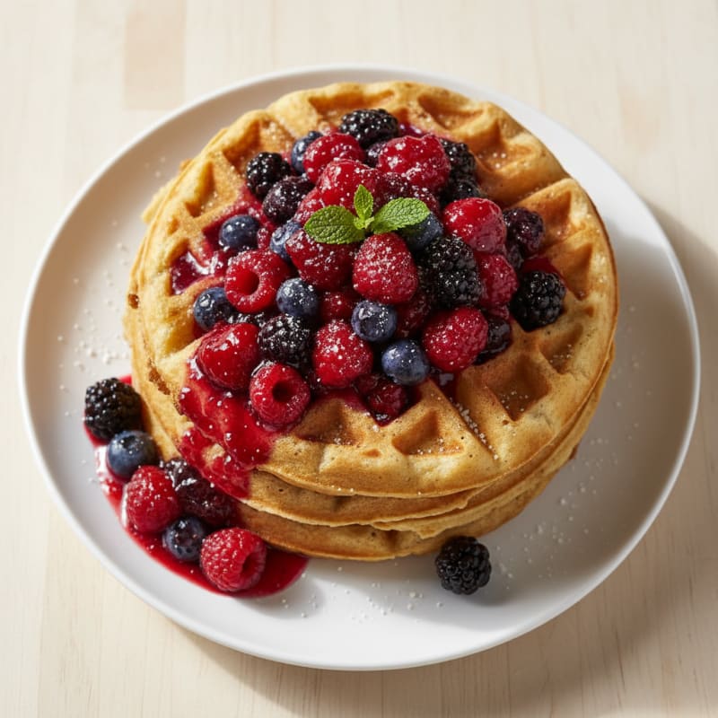 Fluffy Protein Waffles with Berry Compote