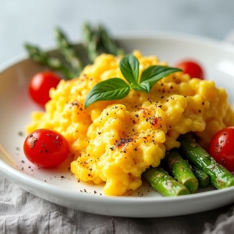 Fluffy Scrambled Eggs with Roasted Asparagus and Cherry Tomatoes