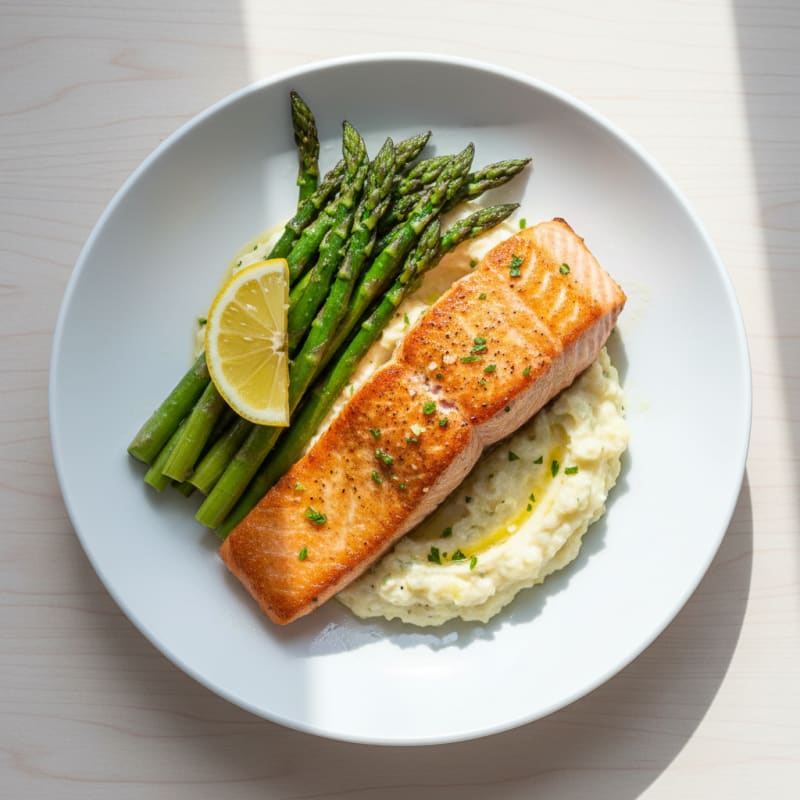 Seared Salmon with Roasted Asparagus and Cauliflower Mash