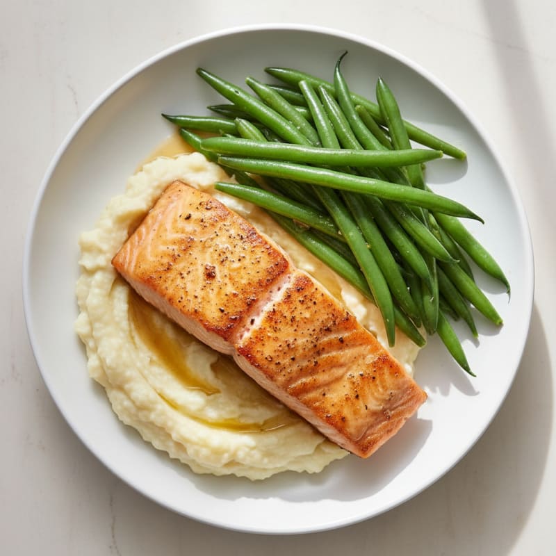 Seared Salmon with Steamed Green Beans and Garlic Mashed Cauliflower