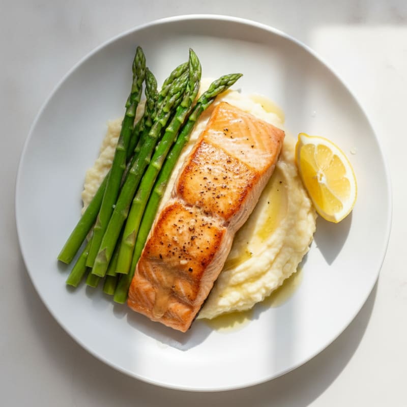Seared Salmon with Steamed Asparagus and Cauliflower Mash