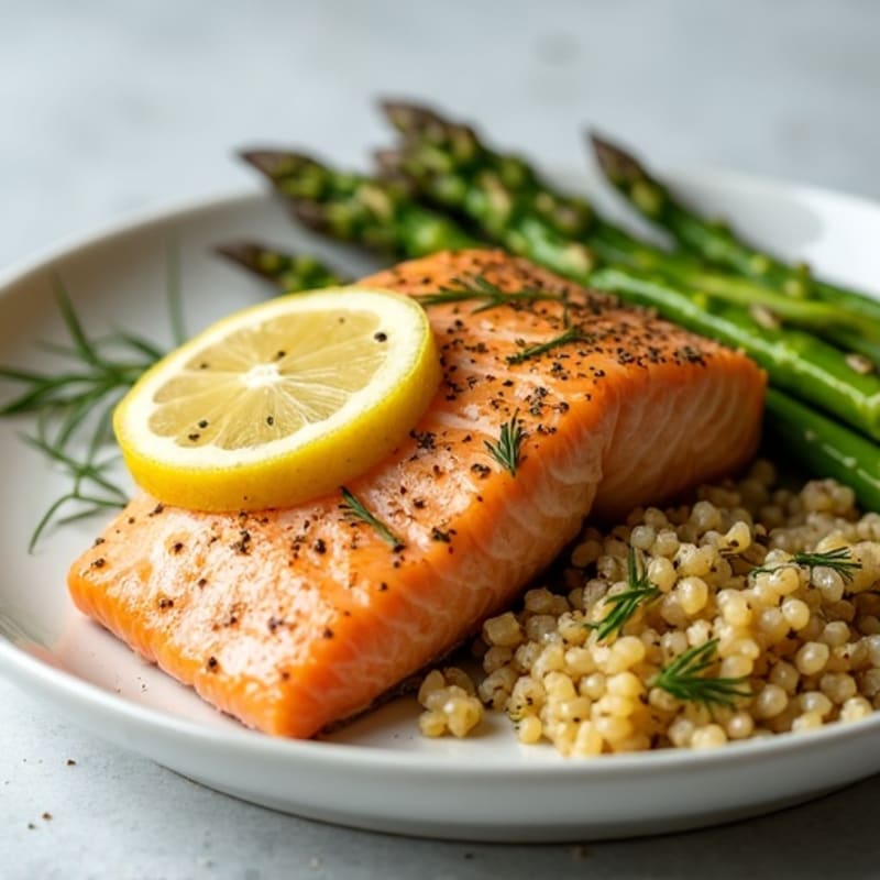 Flaky Lemon-Dill Salmon with Roasted Asparagus and Quinoa