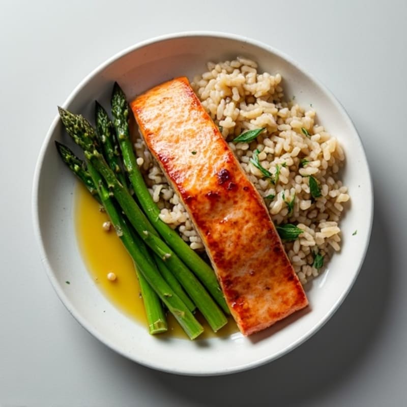 Seared Salmon Fillet with Steamed Asparagus and Herbed Brown Rice