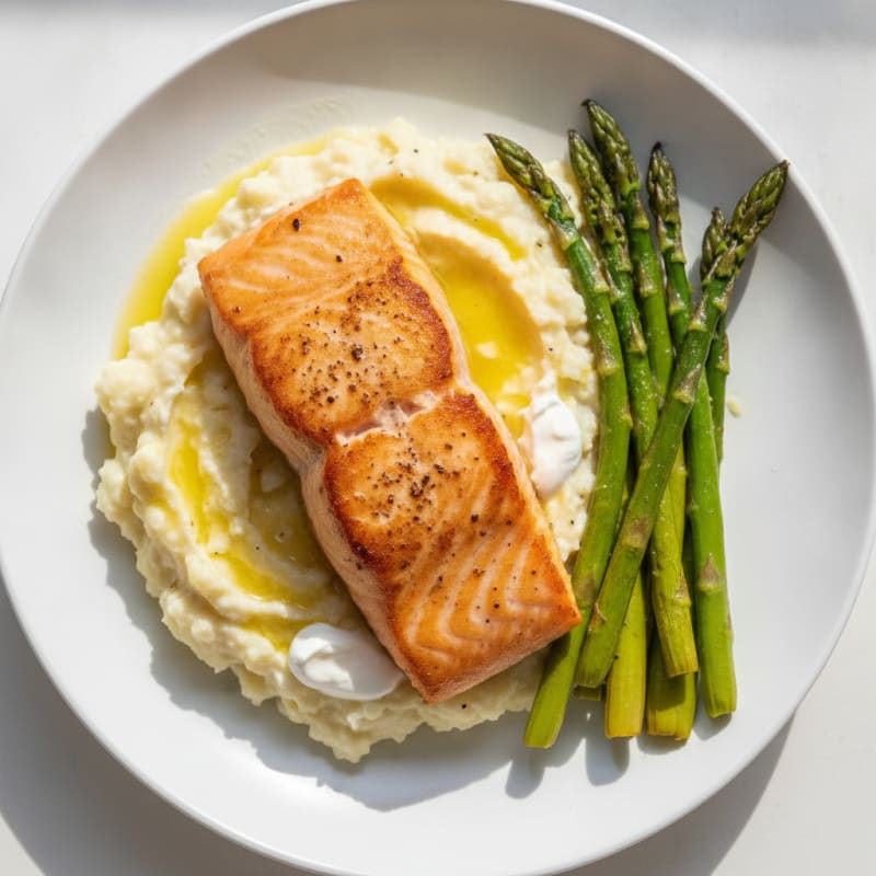 Seared Salmon with Roasted Asparagus and Garlic Cauliflower Mash