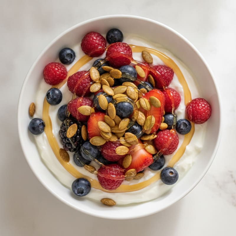 Greek Yogurt Bowl with Mixed Berries and Pumpkin Seeds