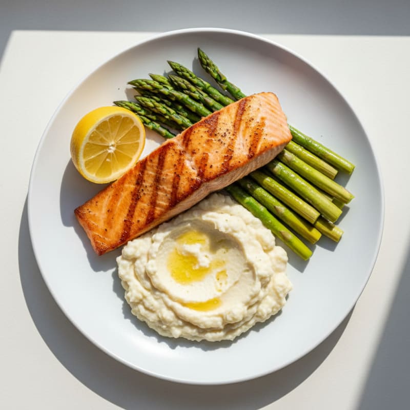 Seared Salmon with Steamed Asparagus and Cauliflower Mash