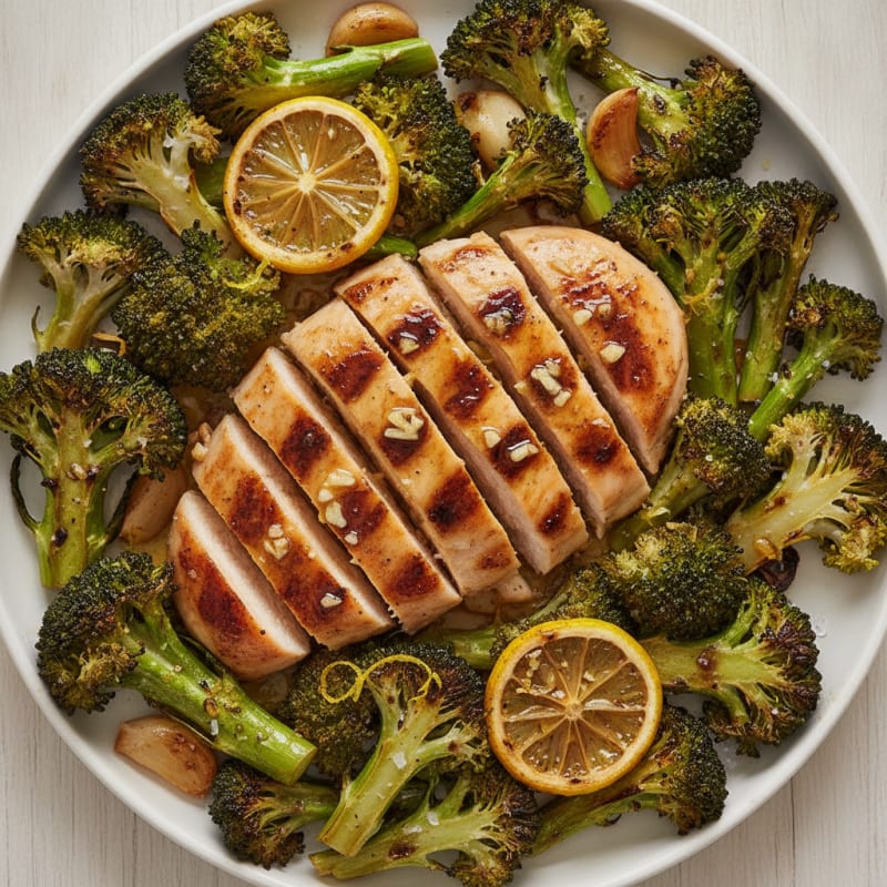 Grilled Chicken Breast with Roasted Broccoli and Lemon
