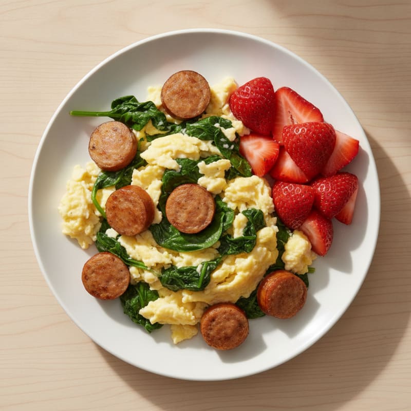 Scrambled Eggs with Sautéed Spinach and Chicken Sausage