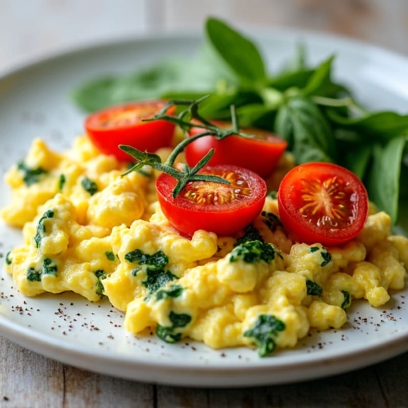 Fluffy Scrambled Eggs with Fresh Spinach and Cherry Tomatoes