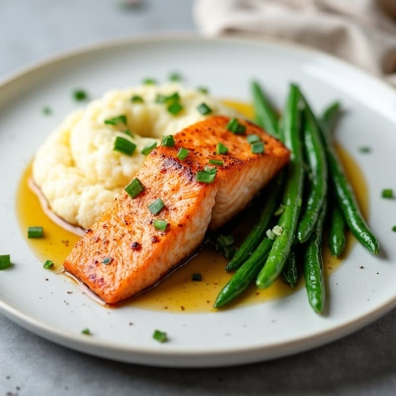Seared Salmon Fillet with Garlic Green Beans and Cauliflower Mash