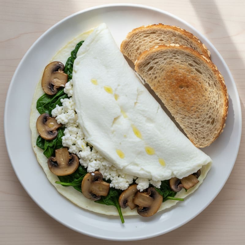 Egg White Spinach Omelet with Cottage Cheese and Sautéed Mushrooms