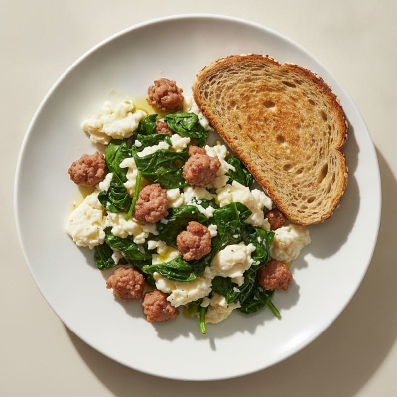 Scrambled Egg Whites with Turkey Sausage and Sautéed Spinach