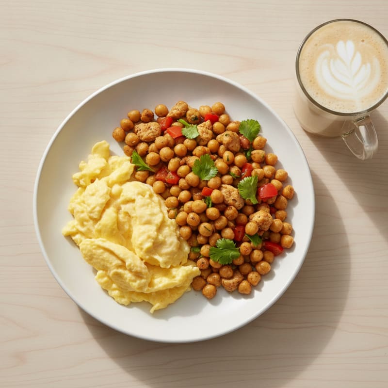 Scrambled Eggs with Garbanzo Bean Hash and Ripple Latte