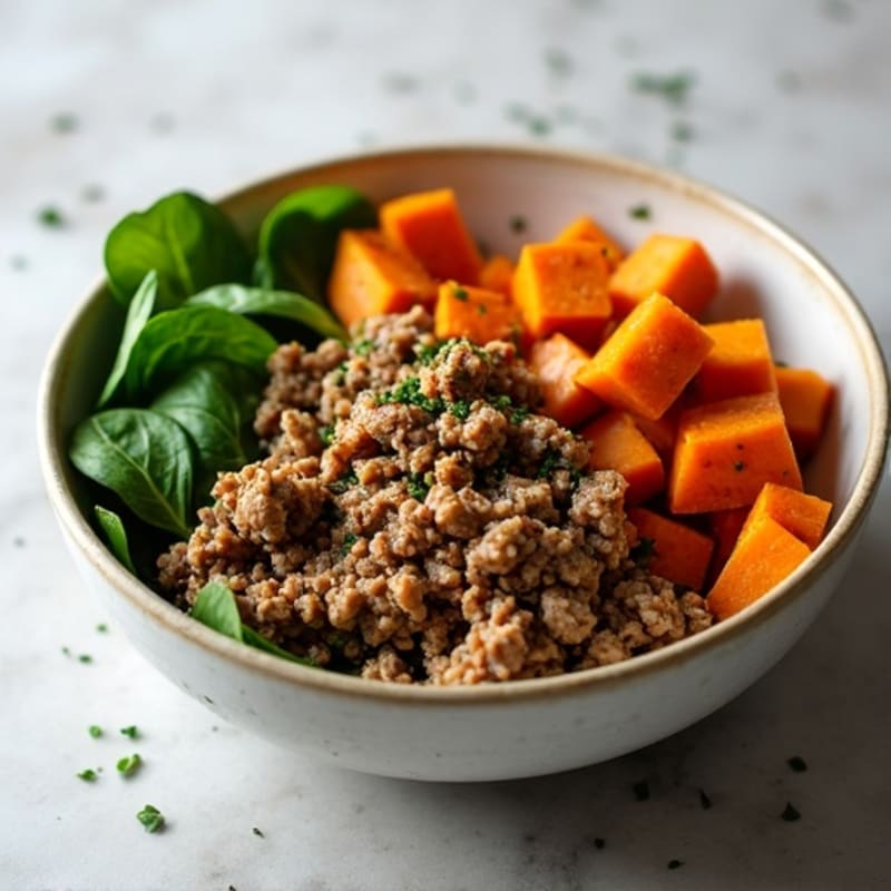 Savory Ground Meat and Crispy Roasted Sweet Potato Bowl