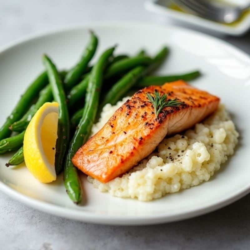 Seared Salmon with Garlic Green Beans and Cauliflower Mash