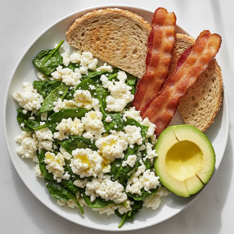Egg White and Spinach Scramble with Cottage Cheese and Turkey Bacon