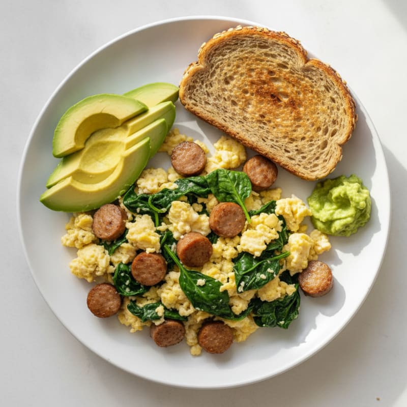 Egg White Scramble with Turkey Sausage and Sautéed Spinach