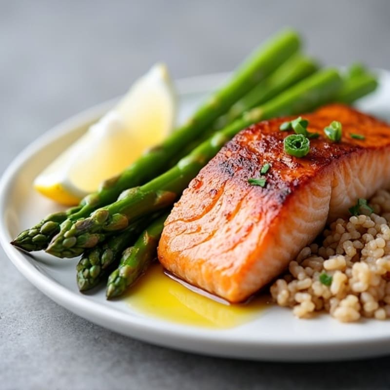 Seared Salmon Fillet with Steamed Asparagus and Brown Rice