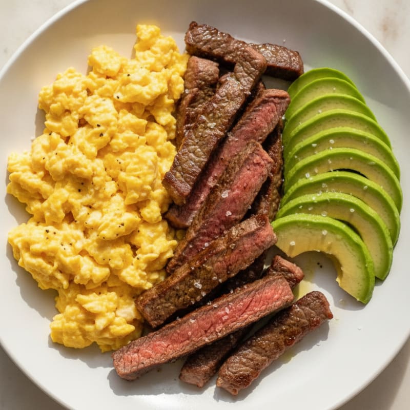 Scrambled Eggs with Sautéed Steak and Avocado
