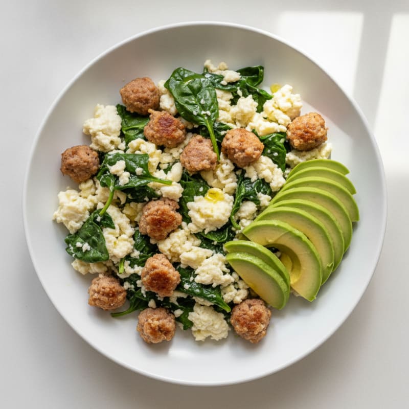 Egg White Spinach Scramble with Turkey Sausage