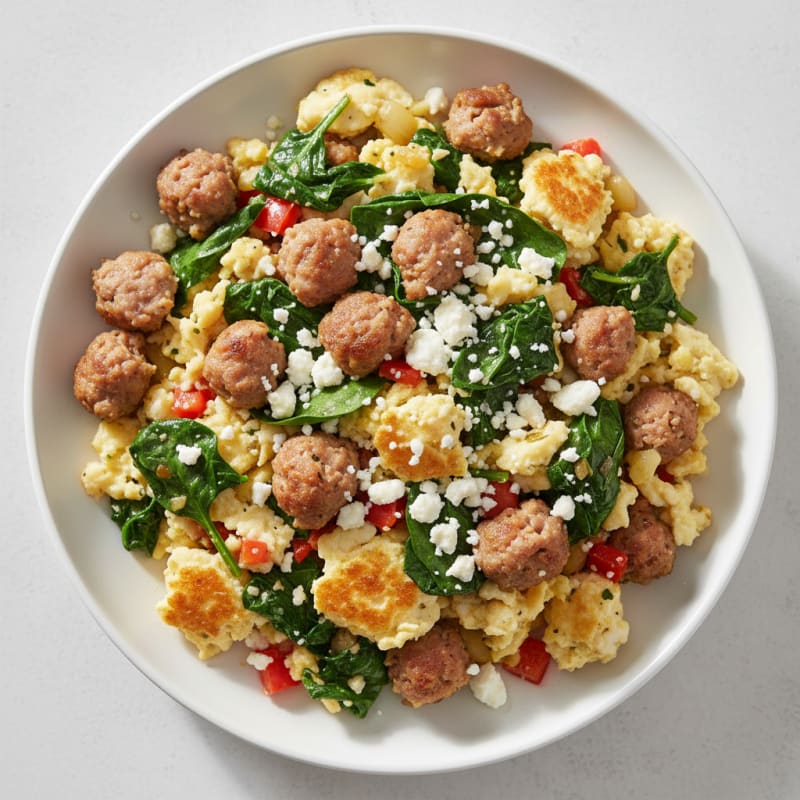 Egg White and Turkey Sausage Scramble with Sautéed Spinach