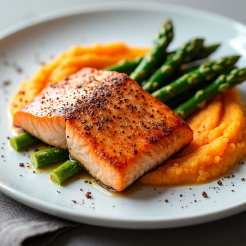 Seared Salmon with Roasted Asparagus and Sweet Potato Mash