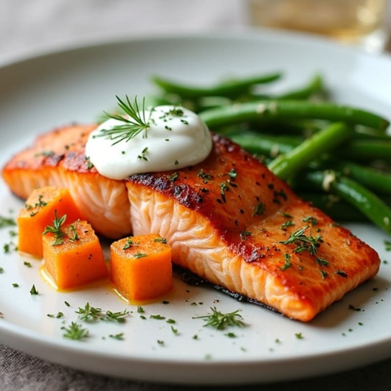 Seared Salmon Filet with Roasted Sweet Potatoes and Garlic Green Beans