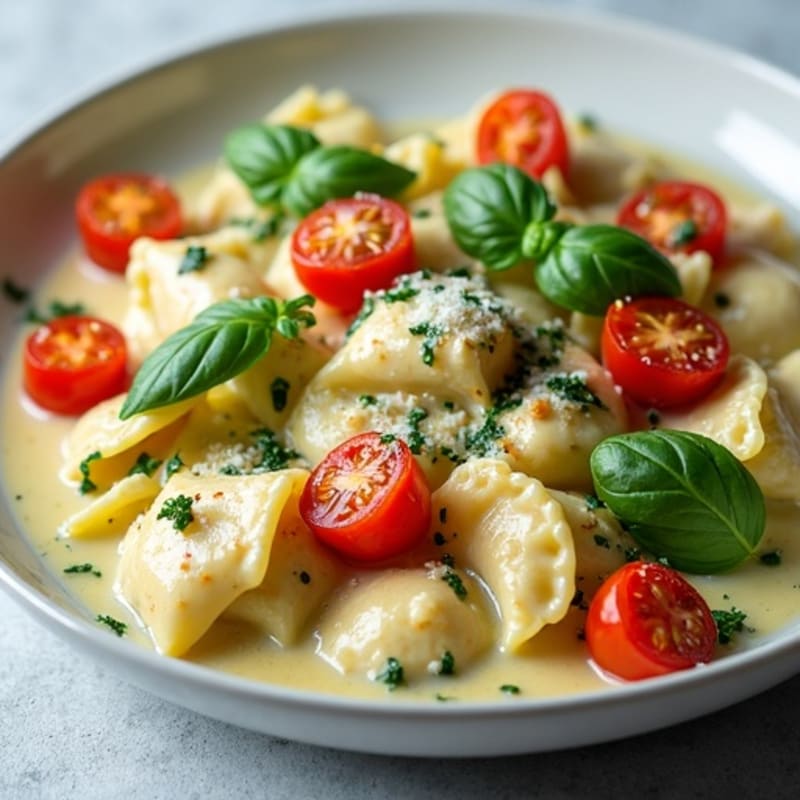 Creamy Spinach Ravioli with Roasted Cherry Tomatoes and Fresh Basil