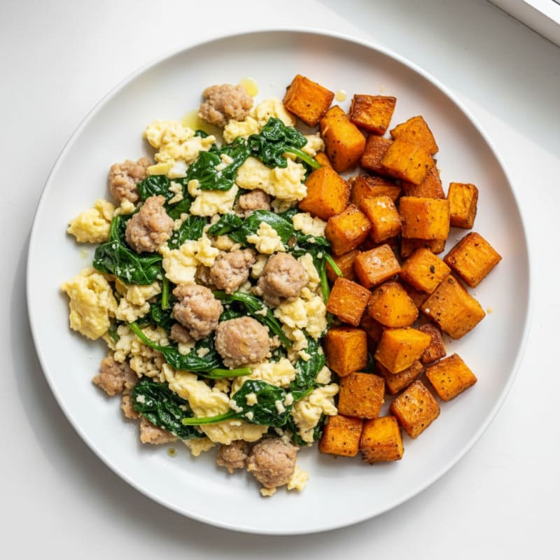 Egg White and Turkey Sausage Scramble with Spinach and Roasted Sweet Potato