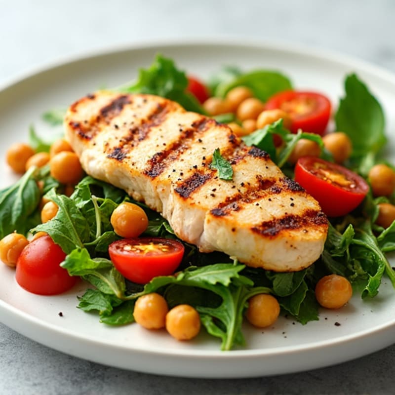 Grilled Chicken Breast Salad with Crisp Greens and Chickpeas