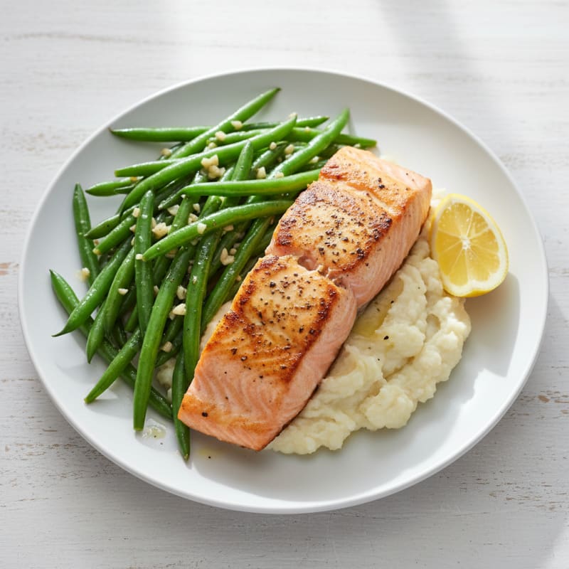 Seared Salmon with Garlic Green Beans and Cauliflower Mash