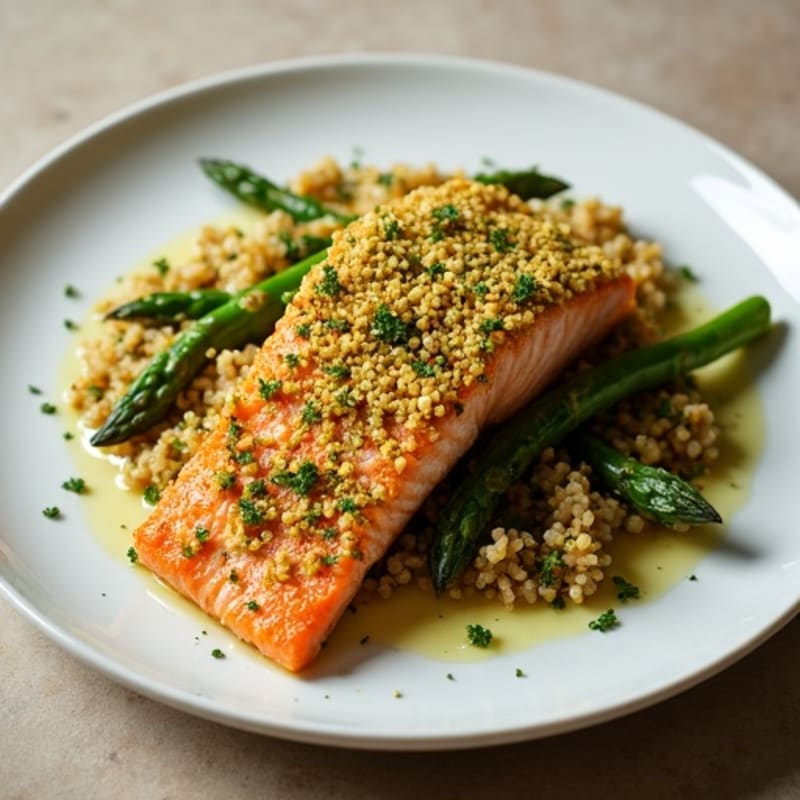 Crispy Pistachio Crusted Salmon with Lemon Herb Quinoa and Roasted Asparagus