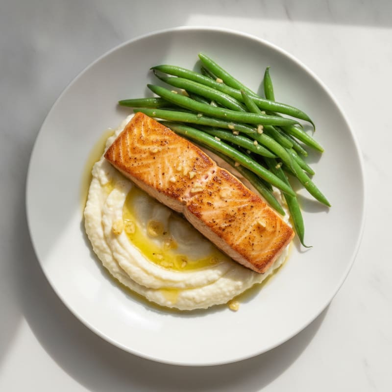 Seared Salmon Fillet with Steamed Green Beans and Cauliflower Mash