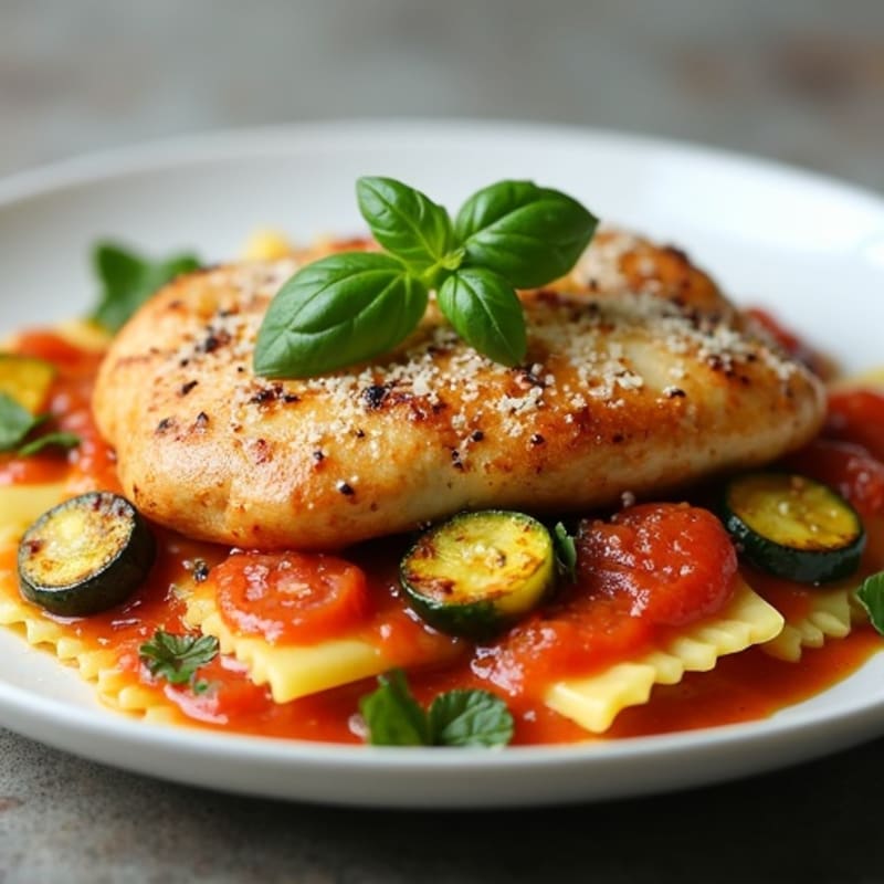 Spinach Ravioli with Fresh Tomato Basil Sauce and Roasted Zucchini