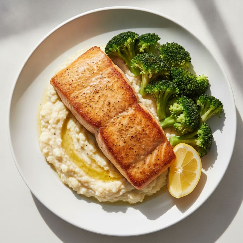 Seared Salmon with Steamed Broccoli and Garlic Cauliflower Mash