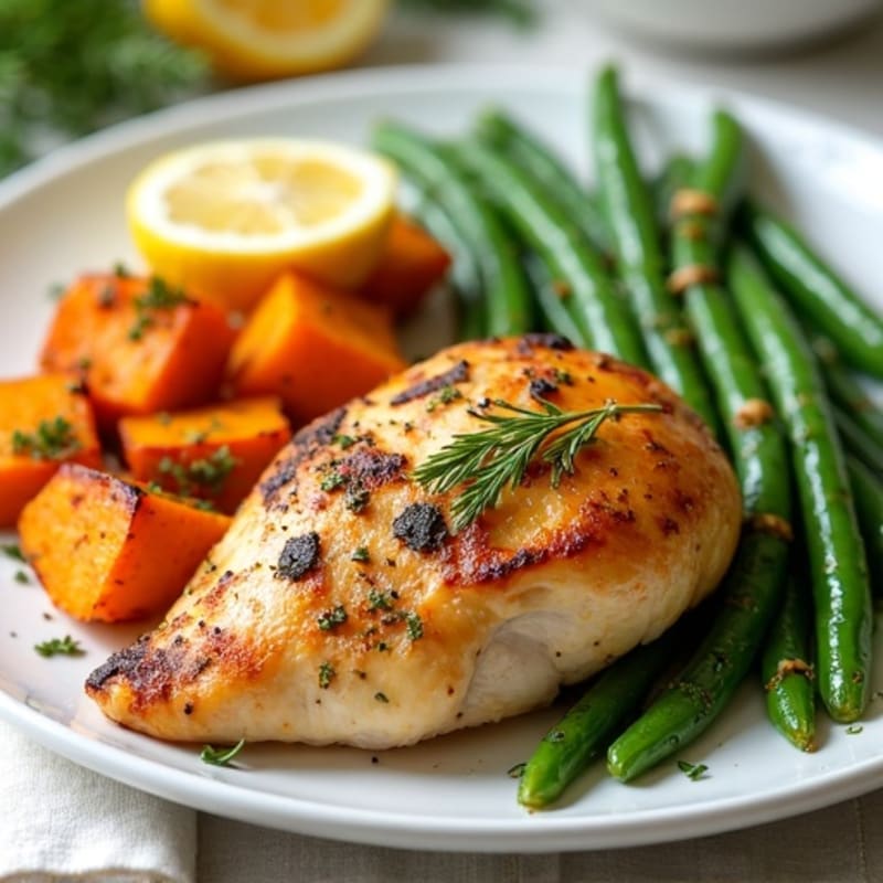 Lemon Herb Roasted Chicken with Roasted Sweet Potatoes and Green Beans