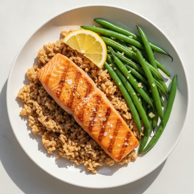 Seared Salmon Fillet with Steamed Green Beans and Brown Rice