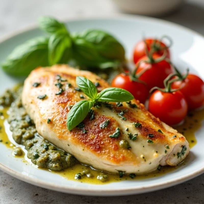 Creamy Basil Pesto Chicken with Roasted Tomatoes