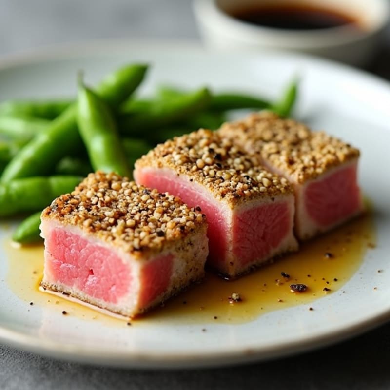 Sesame-Crusted Seared Tuna with Spicy Wasabi Sauce and Steamed Edamame