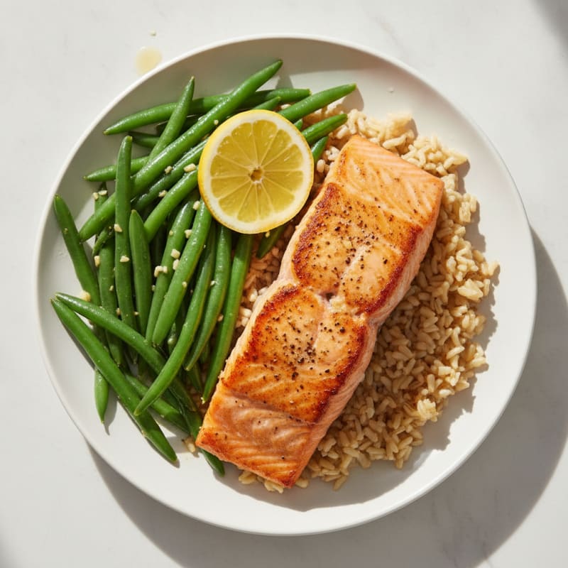 Seared Salmon with Garlic Green Beans and Brown Rice