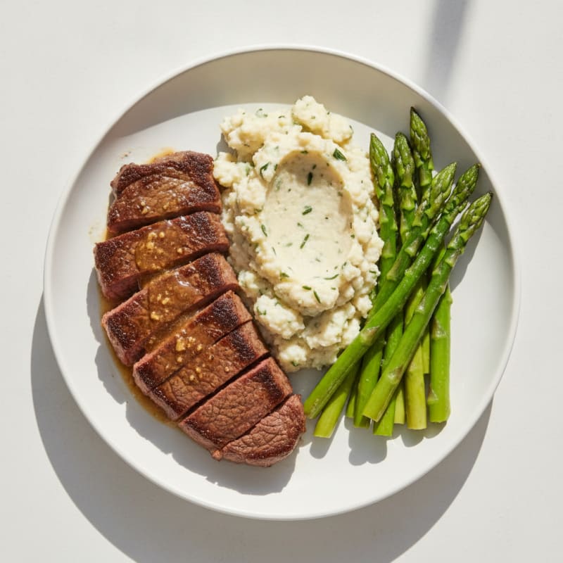 Seared Lean Steak with Steamed Asparagus and Herb Cauliflower Mash