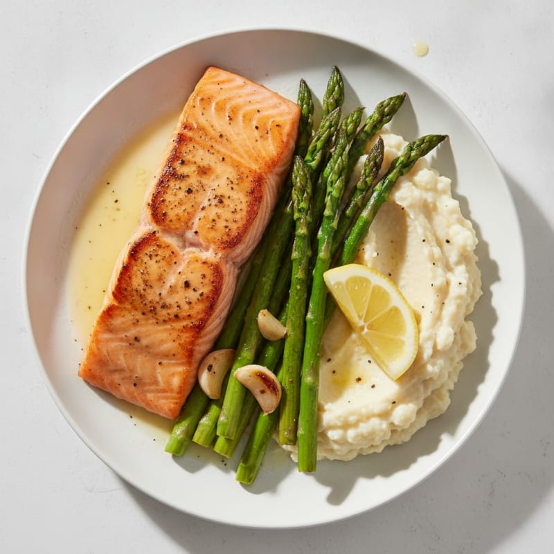 Seared Salmon Fillet with Roasted Asparagus and Cauliflower Mash