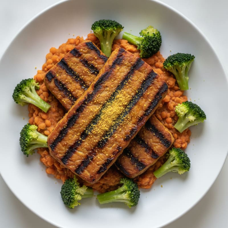Grilled Tempeh with Steamed Broccoli and Lentil Mash